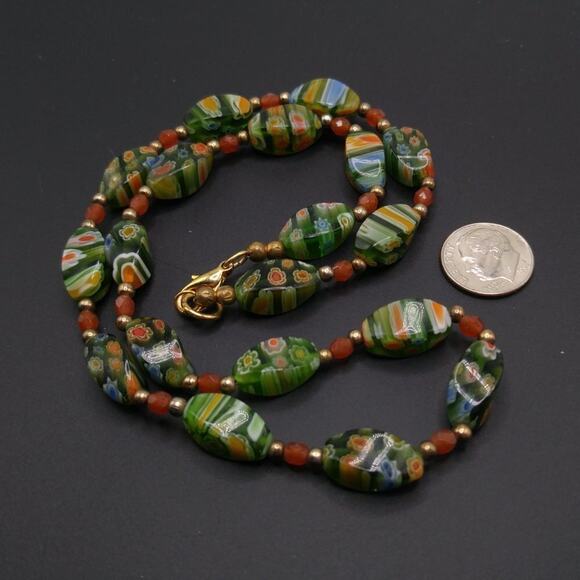 Vintage Millefiori Lamp Work Bead Necklace, Green Rust Gold, 19 Inches - Picture 7 of 9